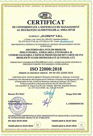 Certificat ISO 22000 Floreni în română