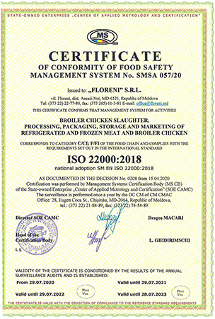 Certificat ISO 22000 Floreni în engleză - standard internațional